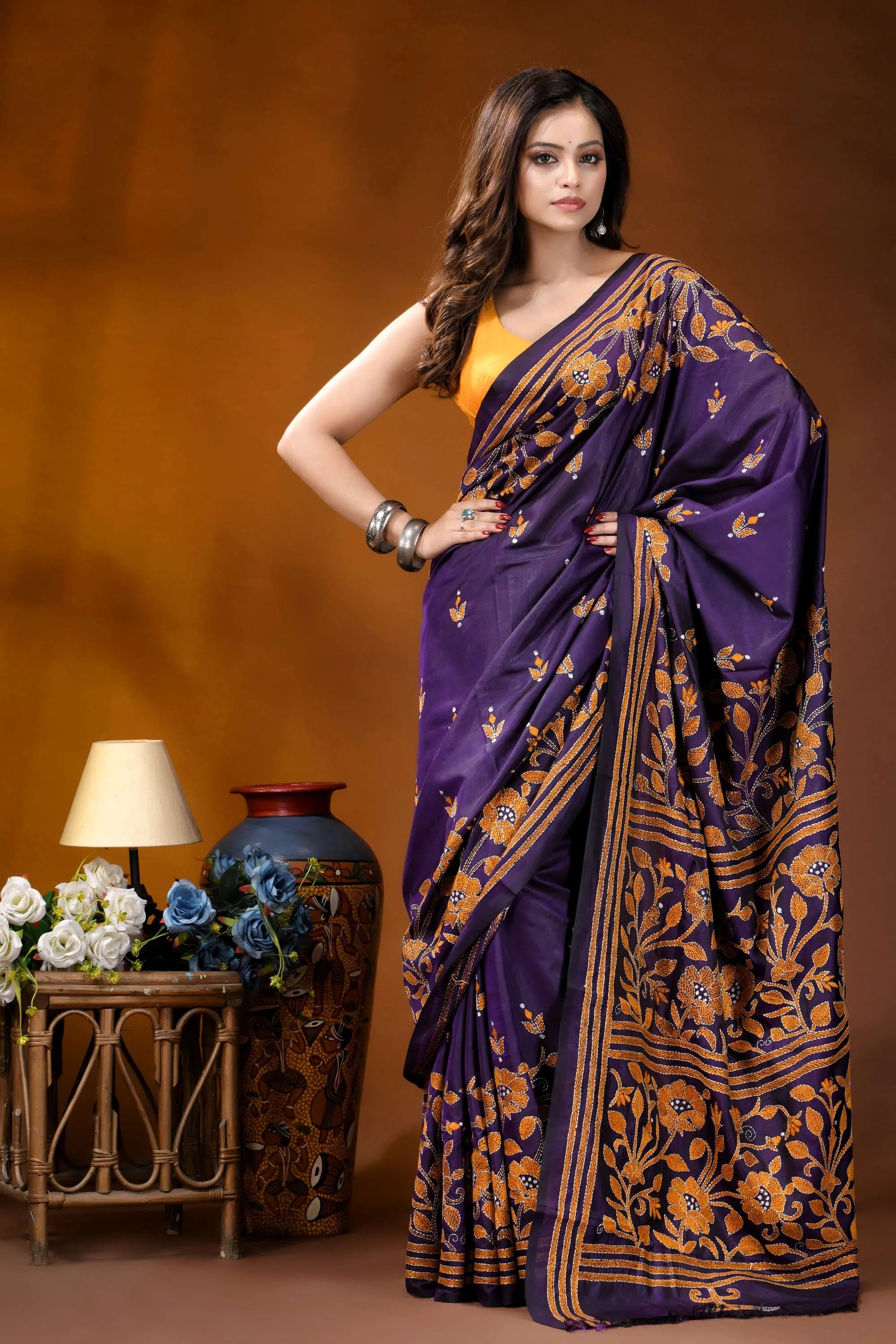 Royal purple floral design handcrafted silk kantha stitch saree rich purple saree intricate golden 5
