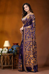 Royal purple floral design handcrafted silk kantha stitch saree woman wears deep purple saree 3
