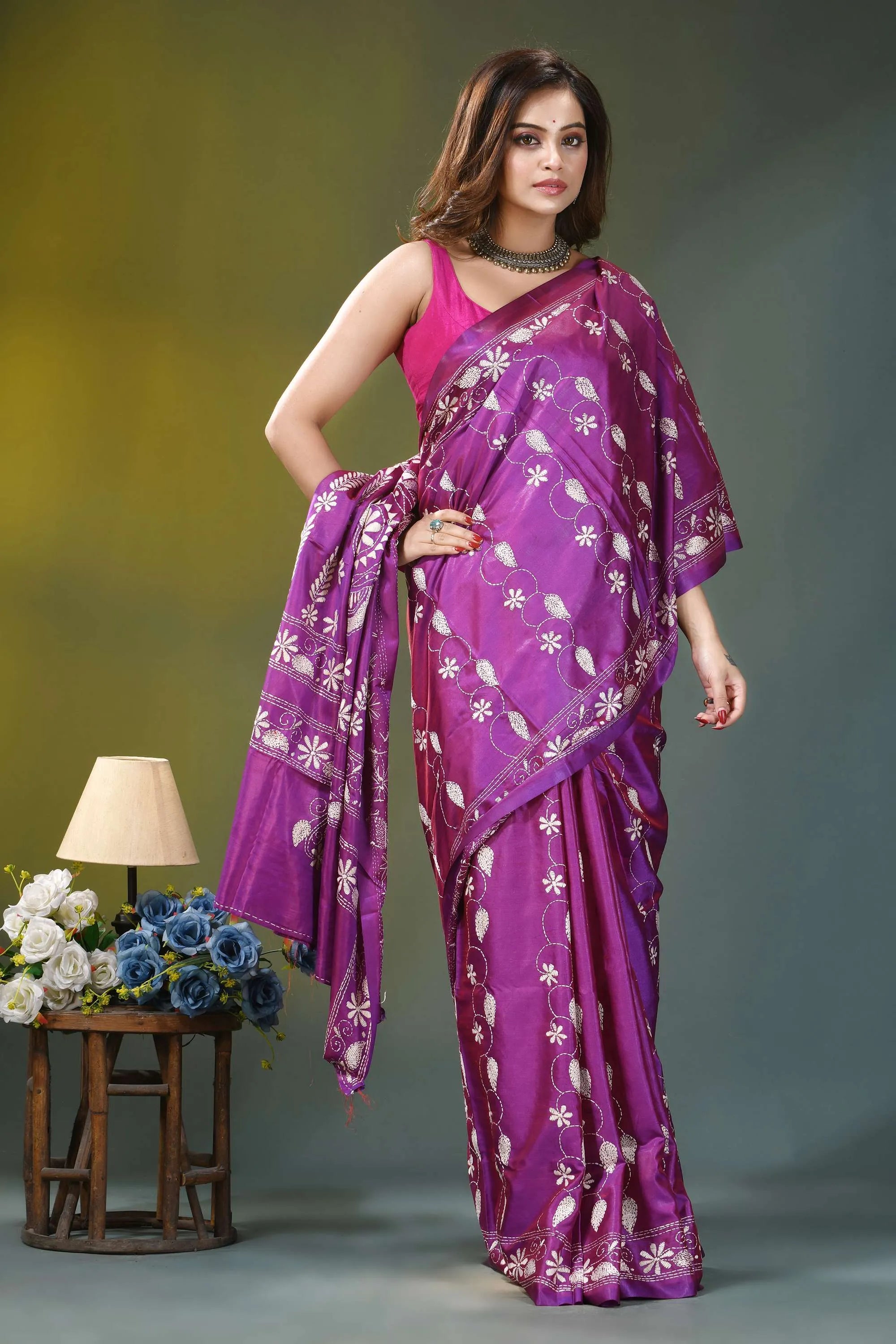 Royal purple floral design handmade silk kantha saree woman wears vibrant purple saree 5