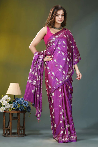 Royal purple floral design handmade silk kantha saree woman wears vibrant purple saree 5
