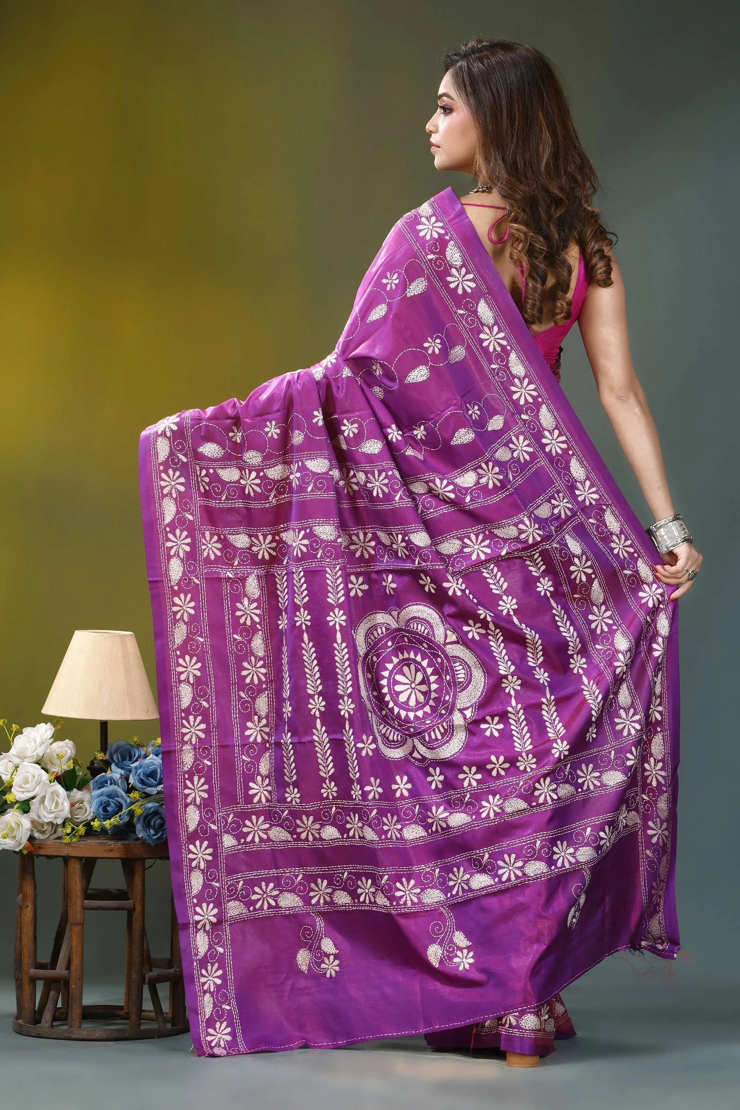 Royal purple floral design handmade silk kantha saree vibrant purple silk saree intricate 6
