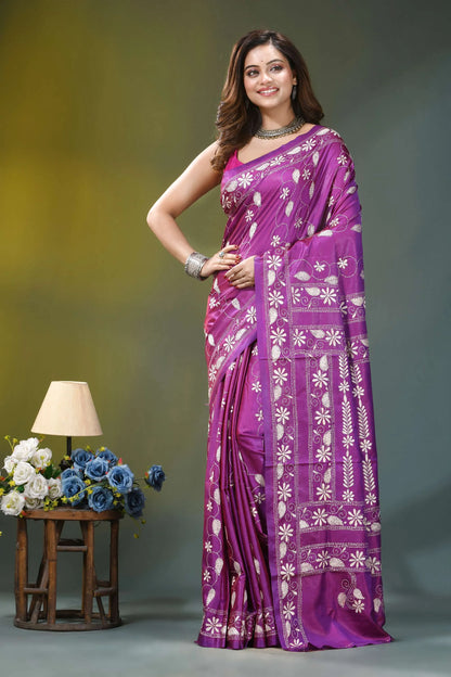 Royal purple floral design handmade silk kantha saree vibrant purple saree intricate white 7