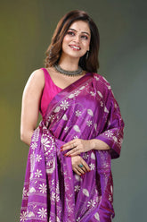 Royal purple floral design handmade silk kantha saree vibrant purple silk saree intricate 2