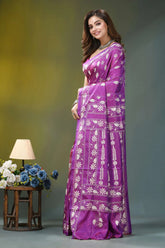 Royal purple floral design handmade silk kantha saree vibrant purple saree intricate white 3