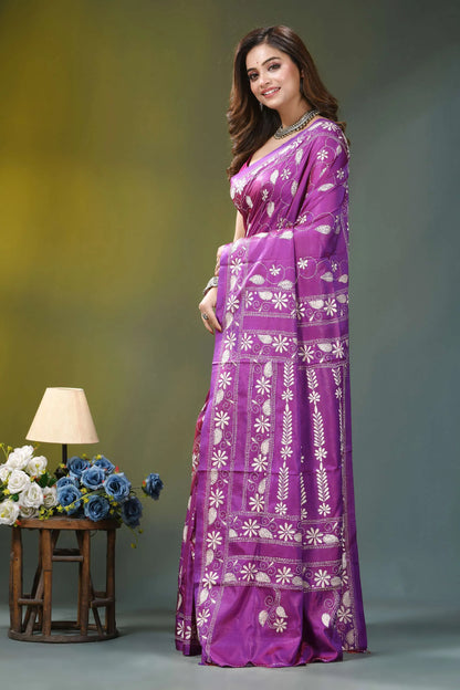 Royal purple floral design handmade silk kantha saree vibrant purple saree intricate white 3
