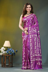 Royal purple floral design handmade silk kantha saree vibrant purple saree intricate white 1