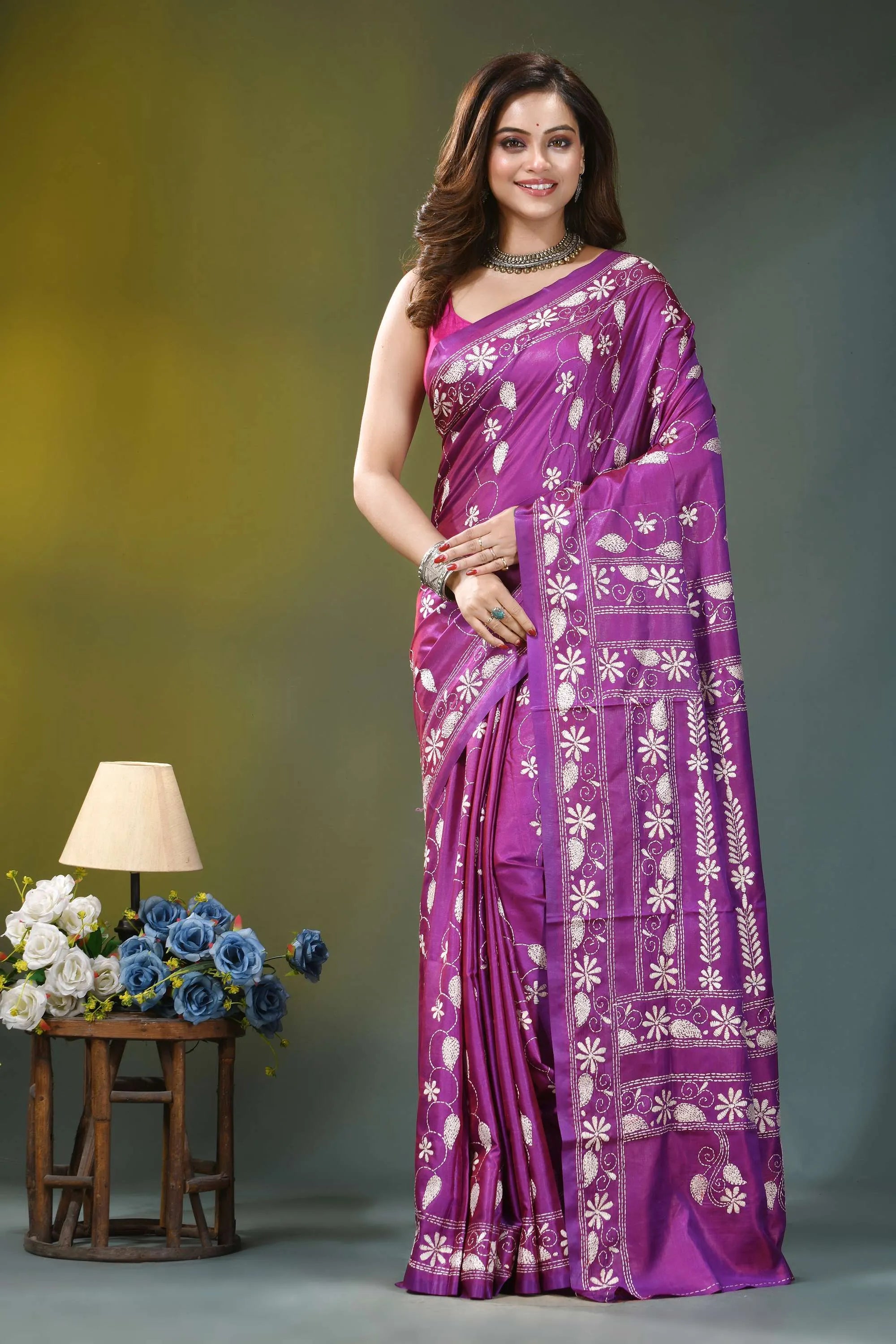 Royal purple floral design handmade silk kantha saree vibrant purple saree intricate white 1
