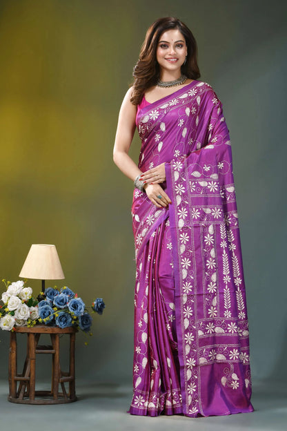 Royal purple floral design handmade silk kantha saree vibrant purple saree intricate white 1
