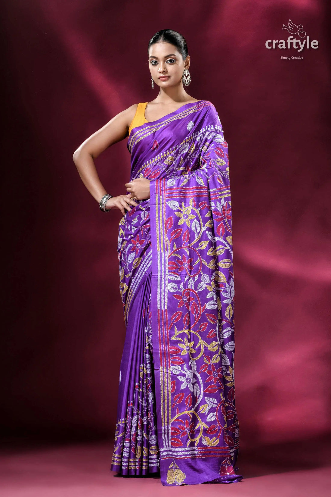 Royal purple floral pattern elegant silk kantha saree purple floral patterned saree 1