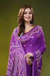 Royal purple hand embroidered geometric silk kutch work saree 2