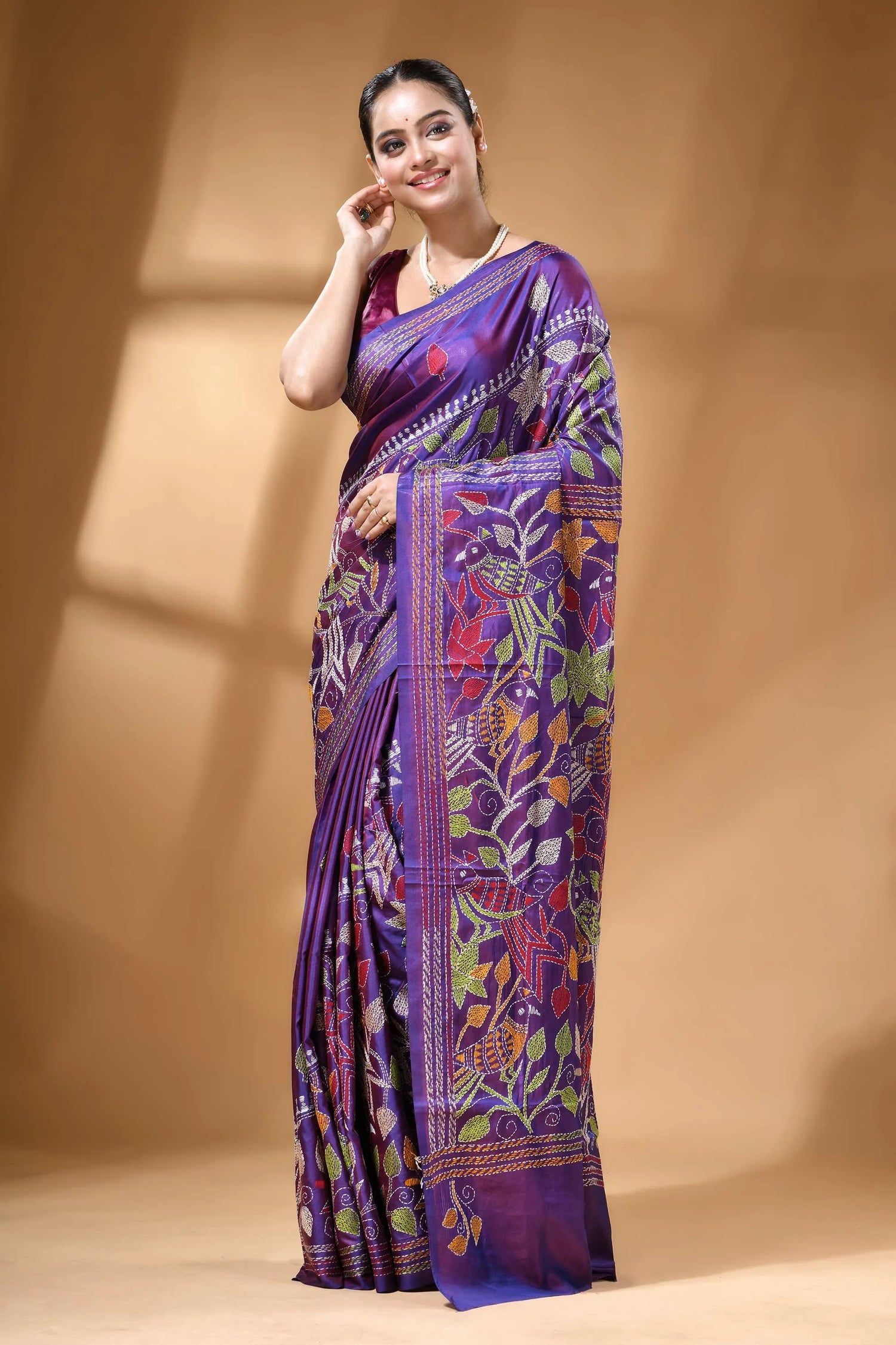 Royal purple multi-thread bird theme kantha silk saree richly embroidered purple silk saree 6