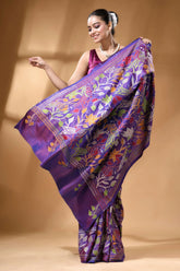 Royal purple multi-thread bird theme kantha silk saree vibrant purple silk saree adorned 4