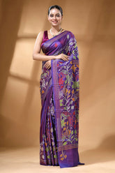 Royal purple multi-thread bird theme kantha silk saree richly embroidered purple silk saree 1