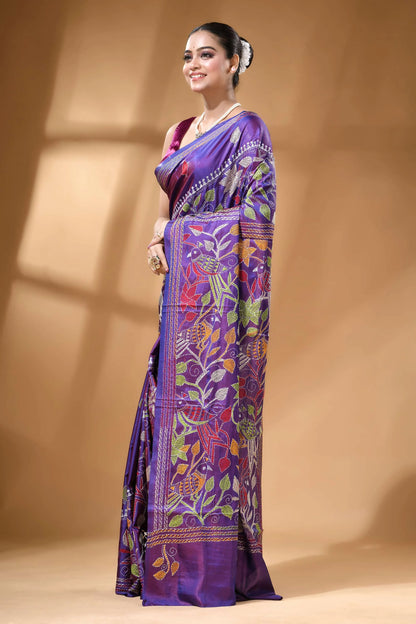 Royal purple multi-thread bird theme kantha silk saree vibrant purple silk saree adorned 3