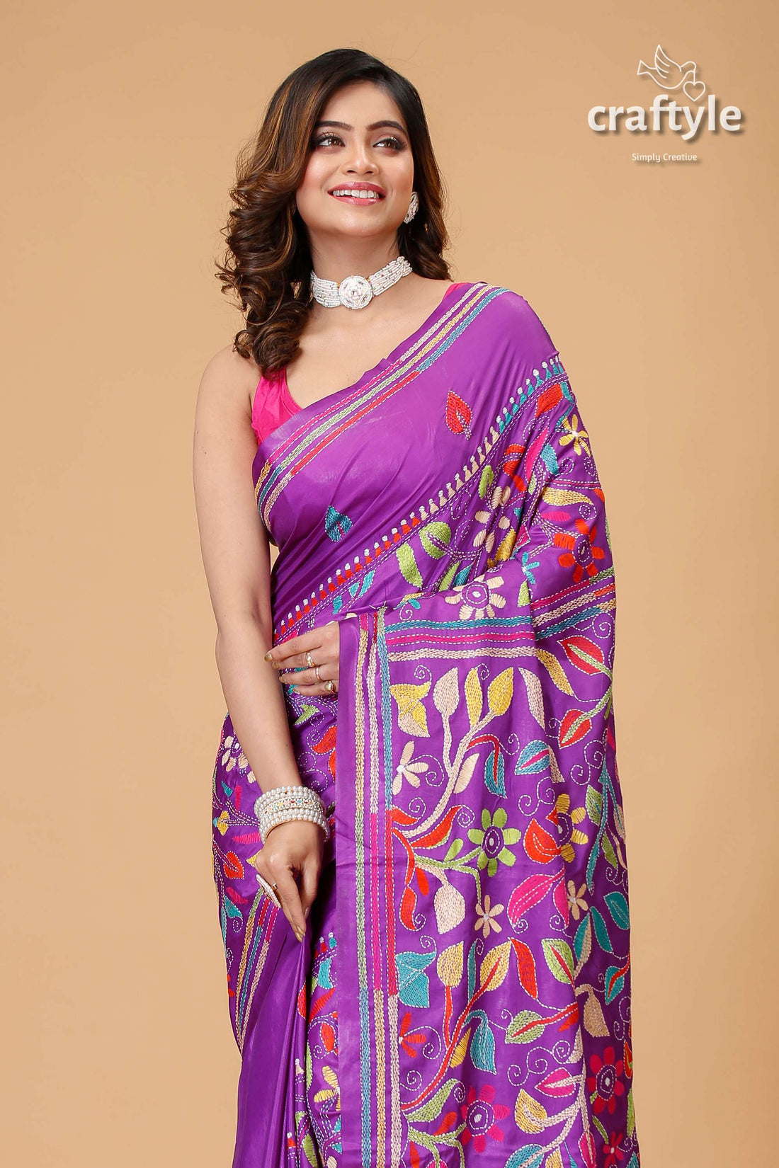 Royal Purple Multicolor Silk Kantha Stitch Saree - Craftyle
