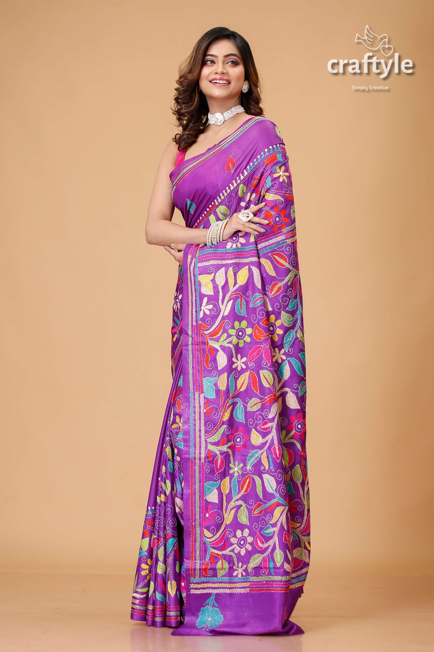 Royal Purple Multicolor Silk Kantha Stitch Saree - Craftyle