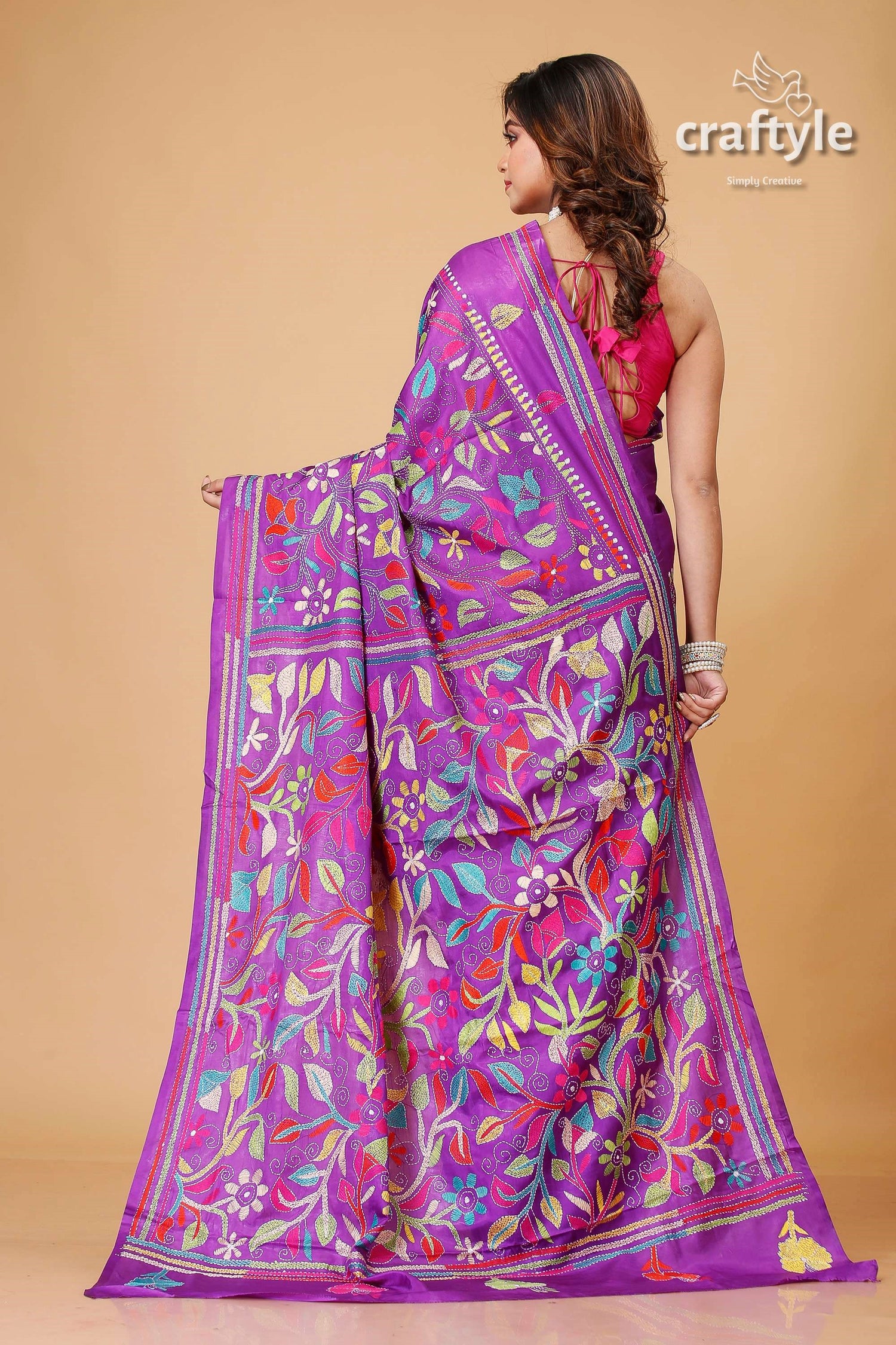 Royal Purple Multicolor Silk Kantha Stitch Saree - Craftyle