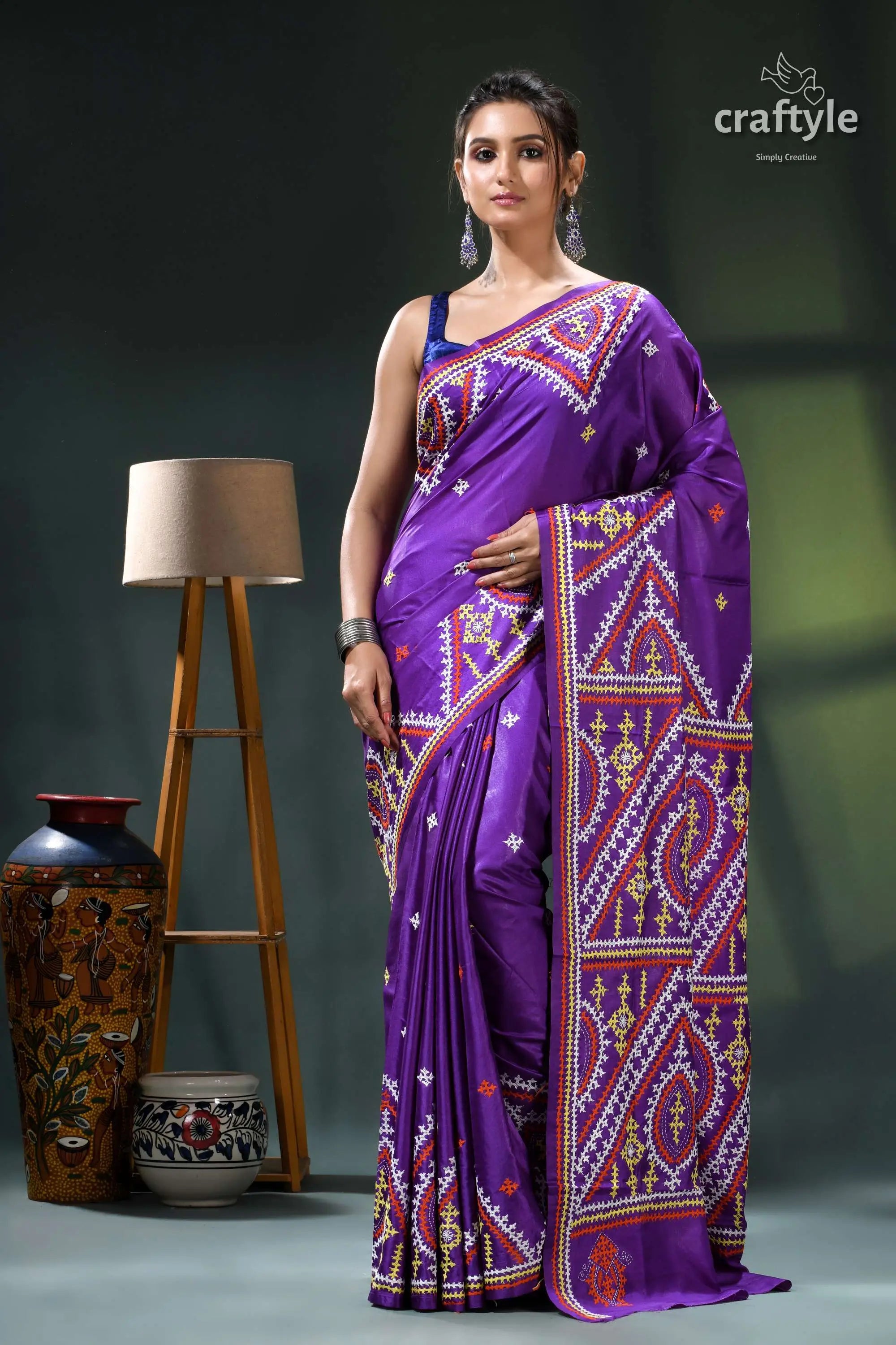 Royal purple multithread kutch embroidery ethnic silk kantha saree purple saree intricate white gold 1