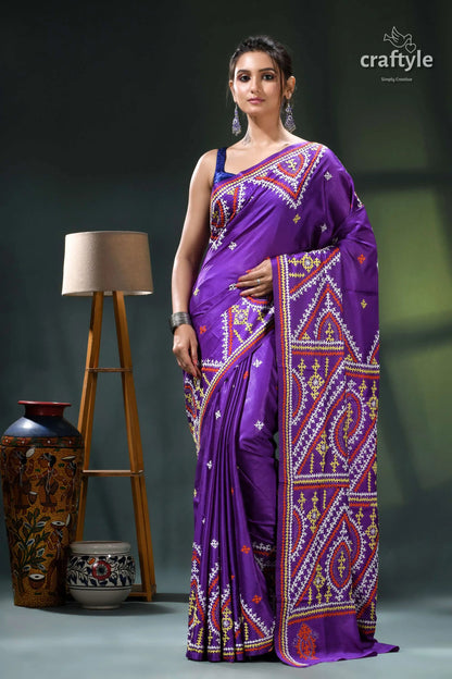 Royal purple multithread kutch embroidery ethnic silk kantha saree purple saree intricate white gold 1