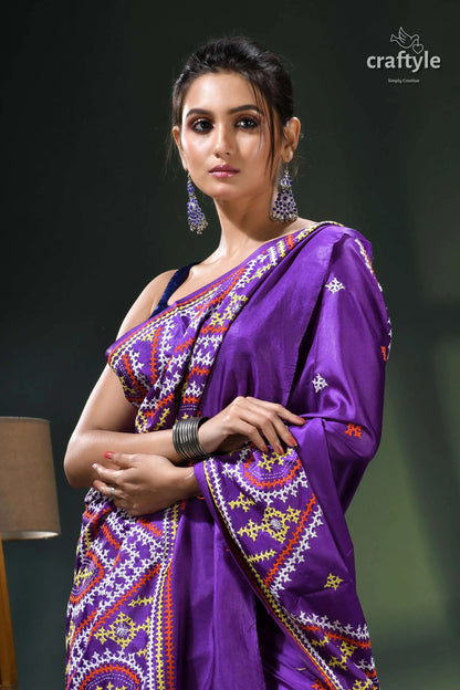 Royal purple multithread kutch embroidery ethnic silk kantha saree purple silk saree intricate embroidery 2