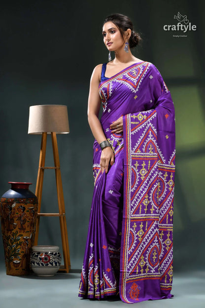 Royal purple multithread kutch embroidery ethnic silk kantha saree purple saree geometric patterns silver 3