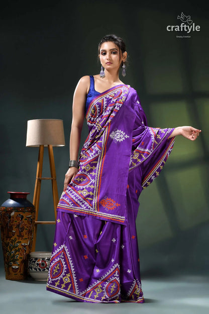 Royal purple multithread kutch embroidery ethnic silk kantha saree purple saree intricate paisley patterns 4