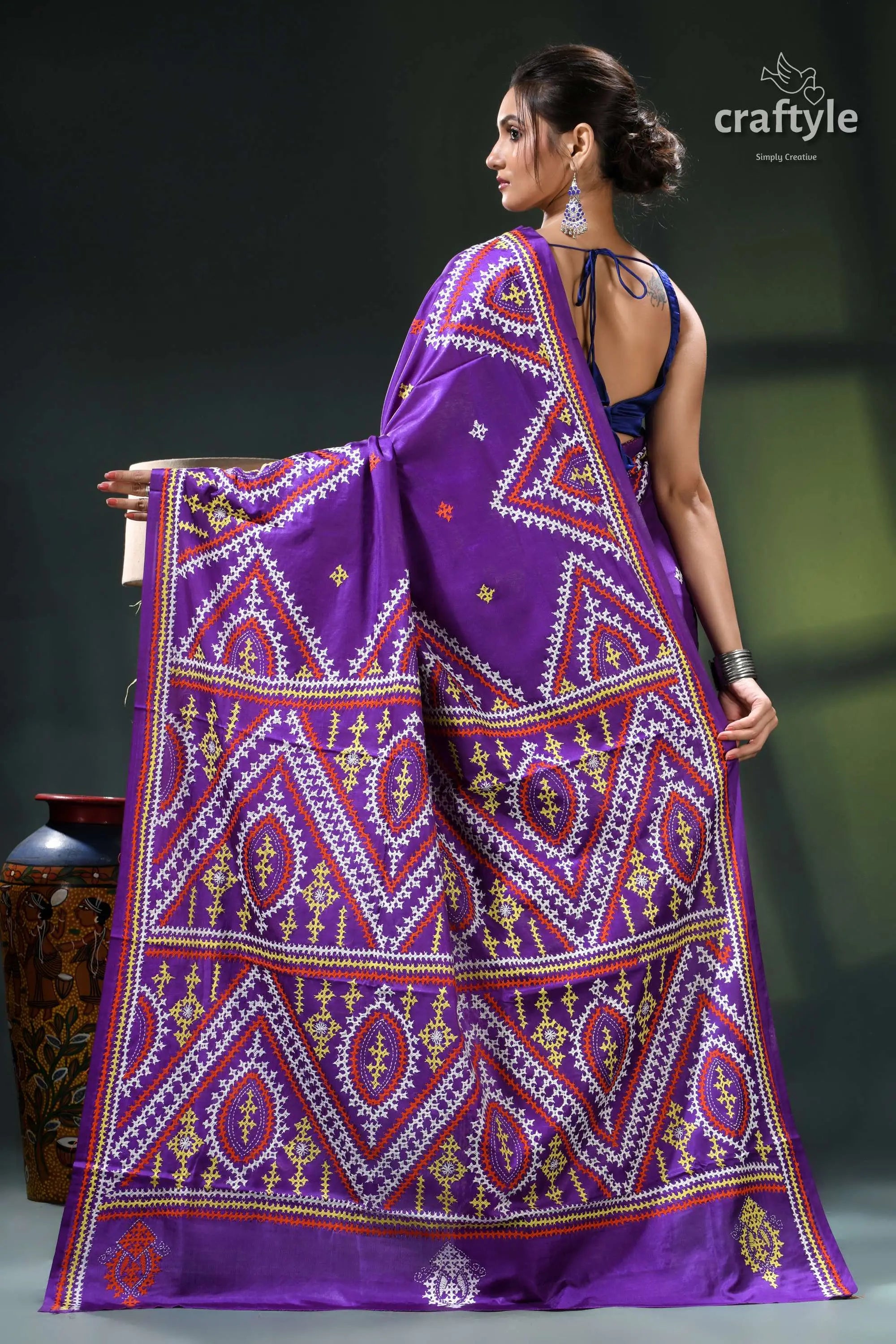 Royal purple multithread kutch embroidery ethnic silk kantha saree purple saree intricate white gold 5