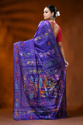 Royal purple silk kantha stitch saree with multicolor bird motif 5