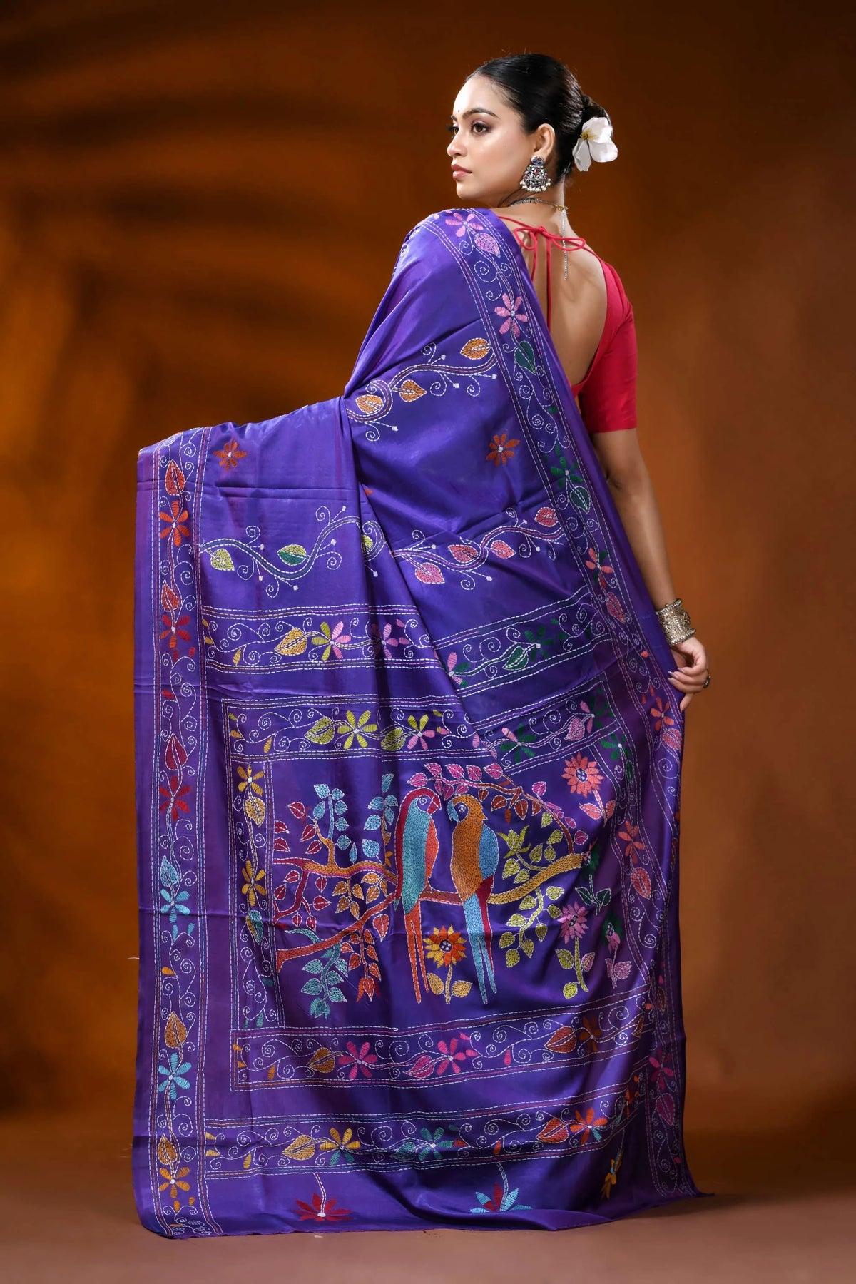 Royal purple silk kantha stitch saree with multicolor bird motif 5