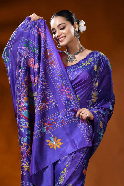 Royal purple silk kantha stitch saree with multicolor bird motif 2