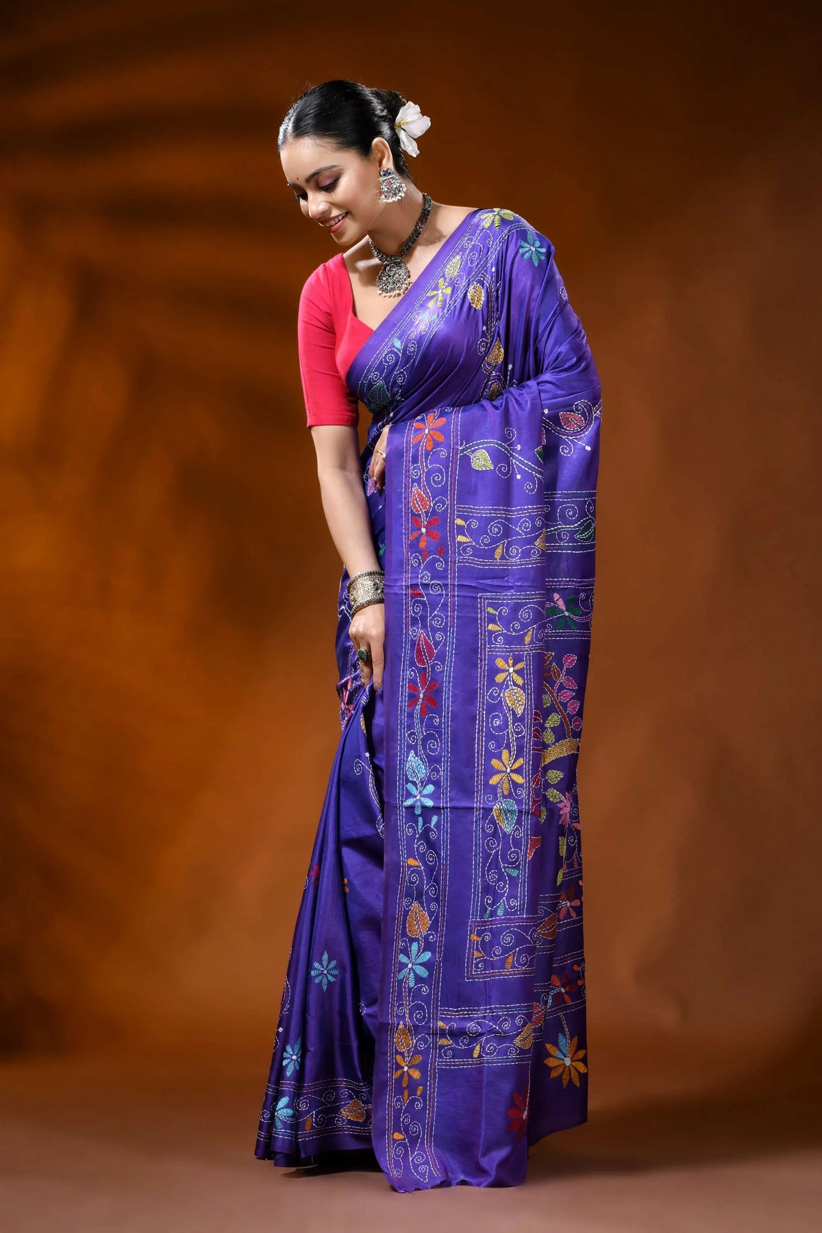 Royal purple silk kantha stitch saree with multicolor bird motif 3