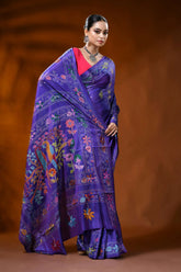Royal purple silk kantha stitch saree with multicolor bird motif 4