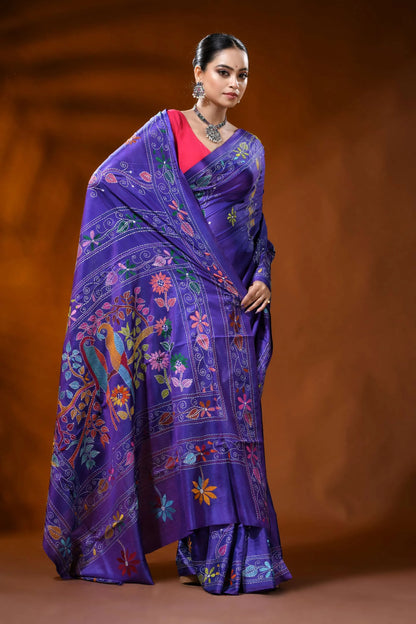 Royal purple silk kantha stitch saree with multicolor bird motif 4