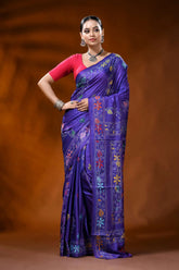 Royal purple silk kantha stitch saree with multicolor bird motif 6