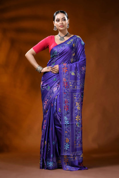 Royal purple silk kantha stitch saree with multicolor bird motif 6