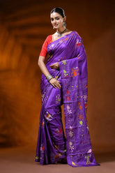 Royal purple silk kantha work saree with multicolor swan lotus motif 6
