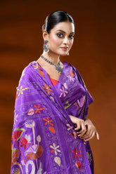 Royal purple silk kantha work saree with multicolor swan lotus motif 2