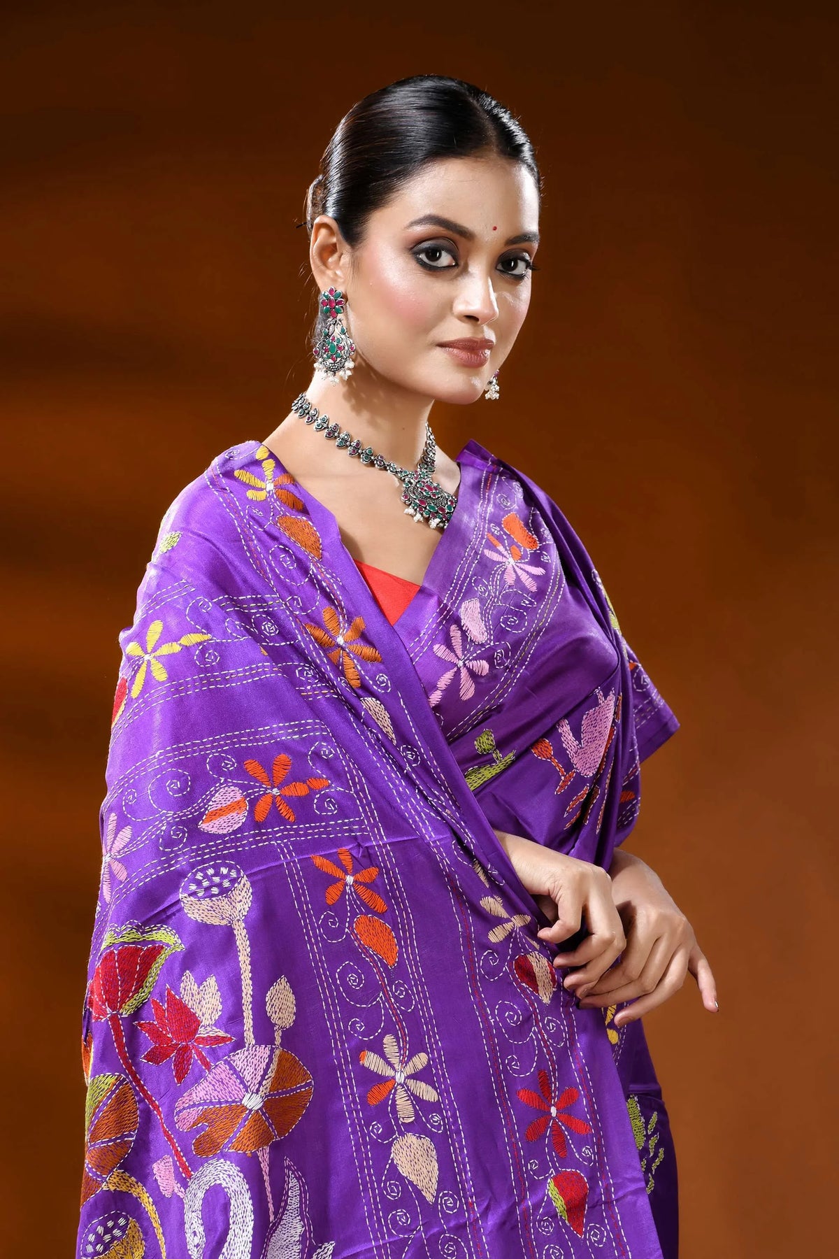 Royal purple silk kantha work saree with multicolor swan lotus motif 2