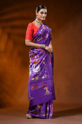 Royal purple silk kantha work saree with multicolor swan lotus motif 4