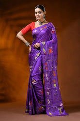 Royal purple silk kantha work saree with multicolor swan lotus motif 1