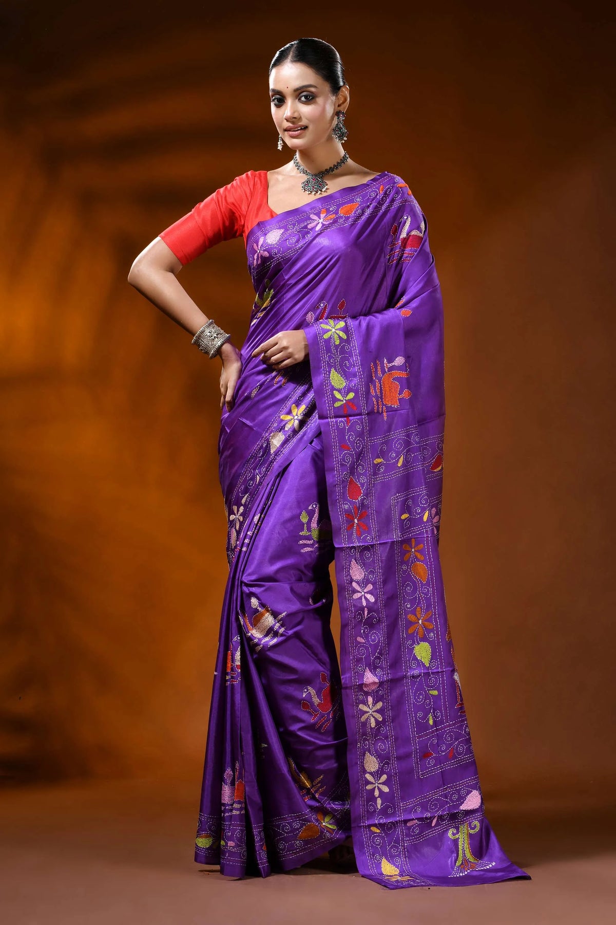 Royal purple silk kantha work saree with multicolor swan lotus motif 1