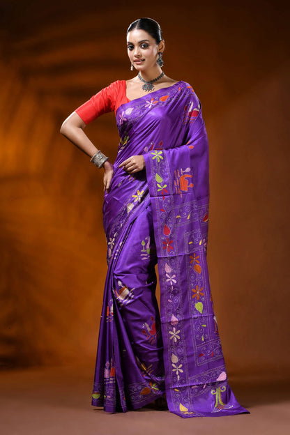 Royal purple silk kantha work saree with multicolor swan lotus motif 1