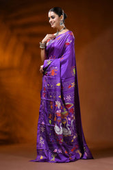 Royal purple silk kantha work saree with multicolor swan lotus motif 3