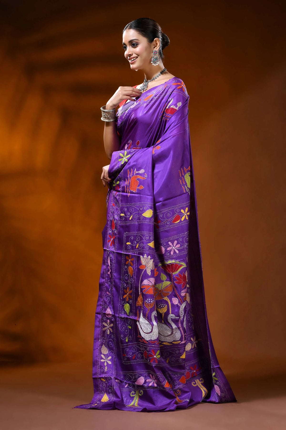 Royal purple silk kantha work saree with multicolor swan lotus motif 3