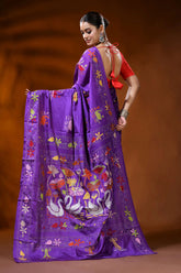 Royal purple silk kantha work saree with multicolor swan lotus motif 5