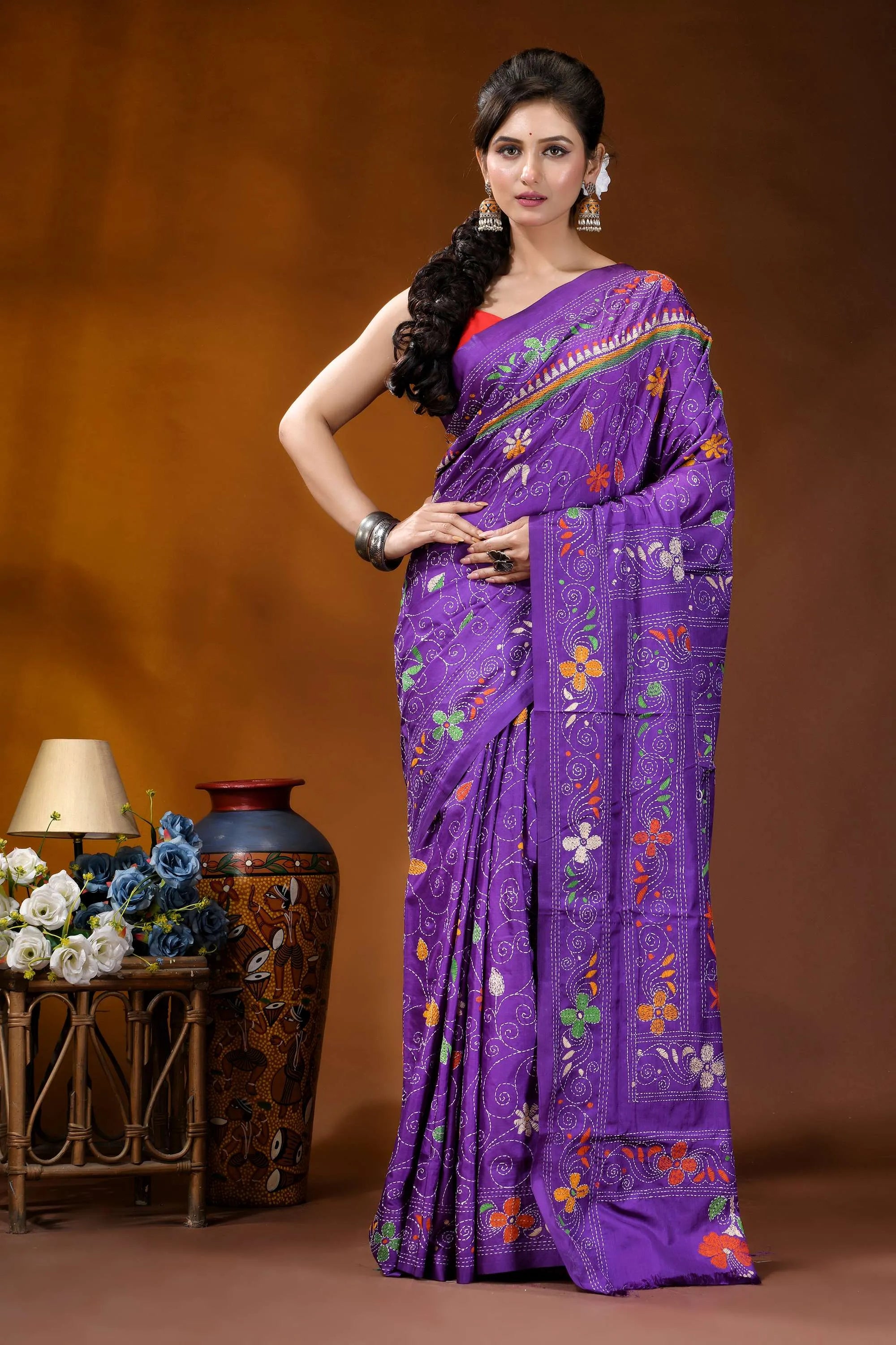 Royal purple swan motif kantha embroidery silk saree - handcrafted vibrant purple saree adorned intricate 1