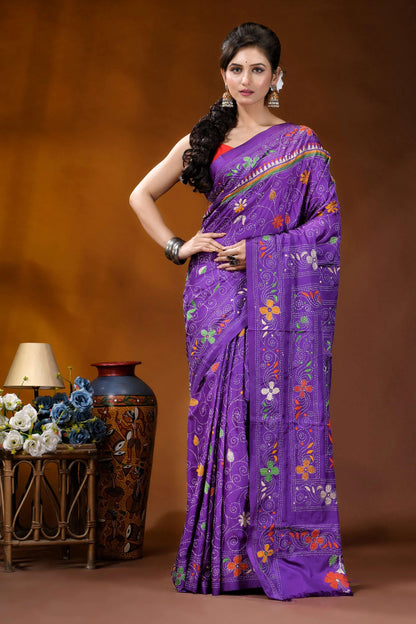 Royal purple swan motif kantha embroidery silk saree - handcrafted vibrant purple saree adorned intricate 1