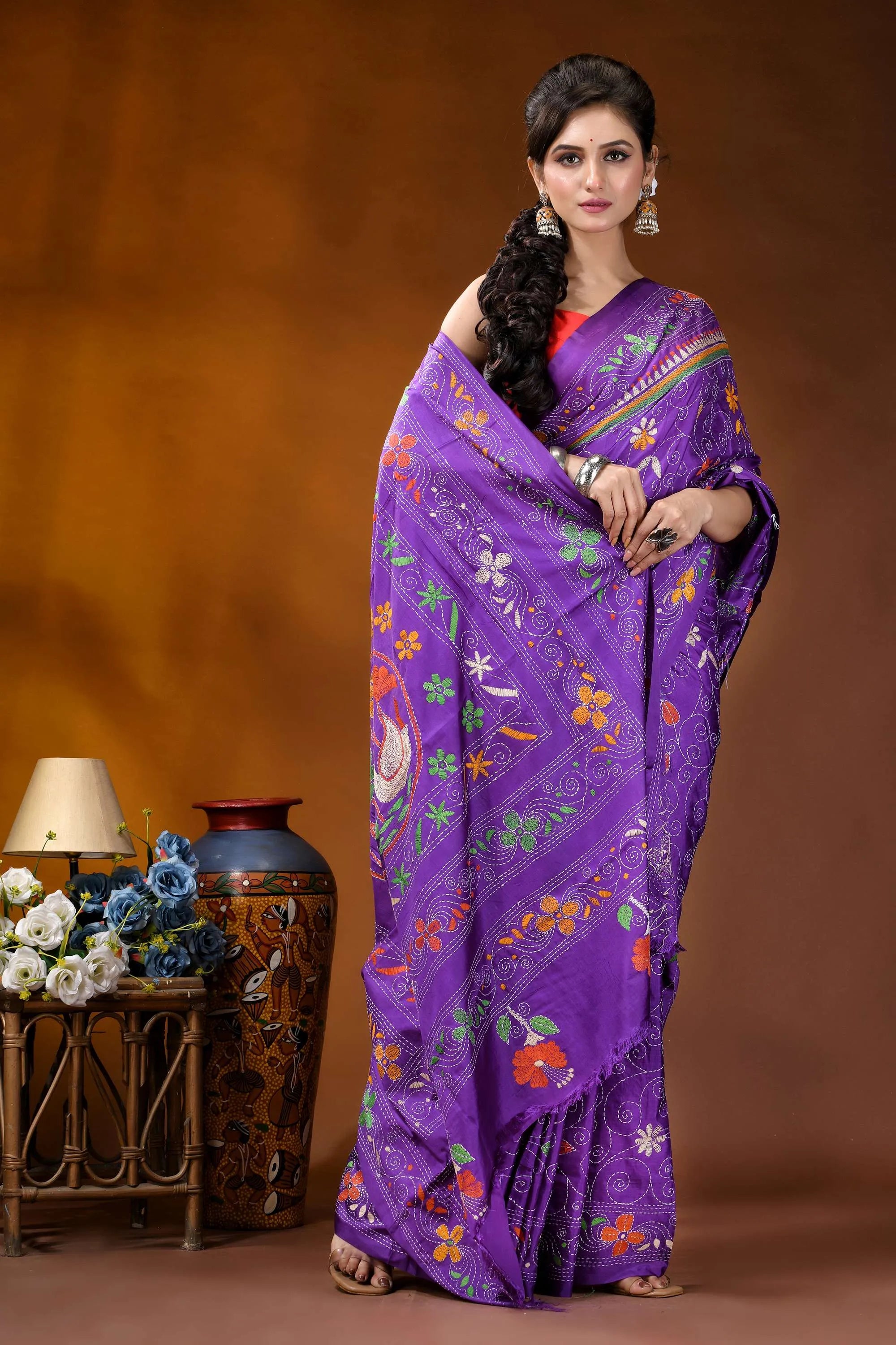 Royal purple swan motif kantha embroidery silk saree - handcrafted vibrant purple saree adorned intricate 4