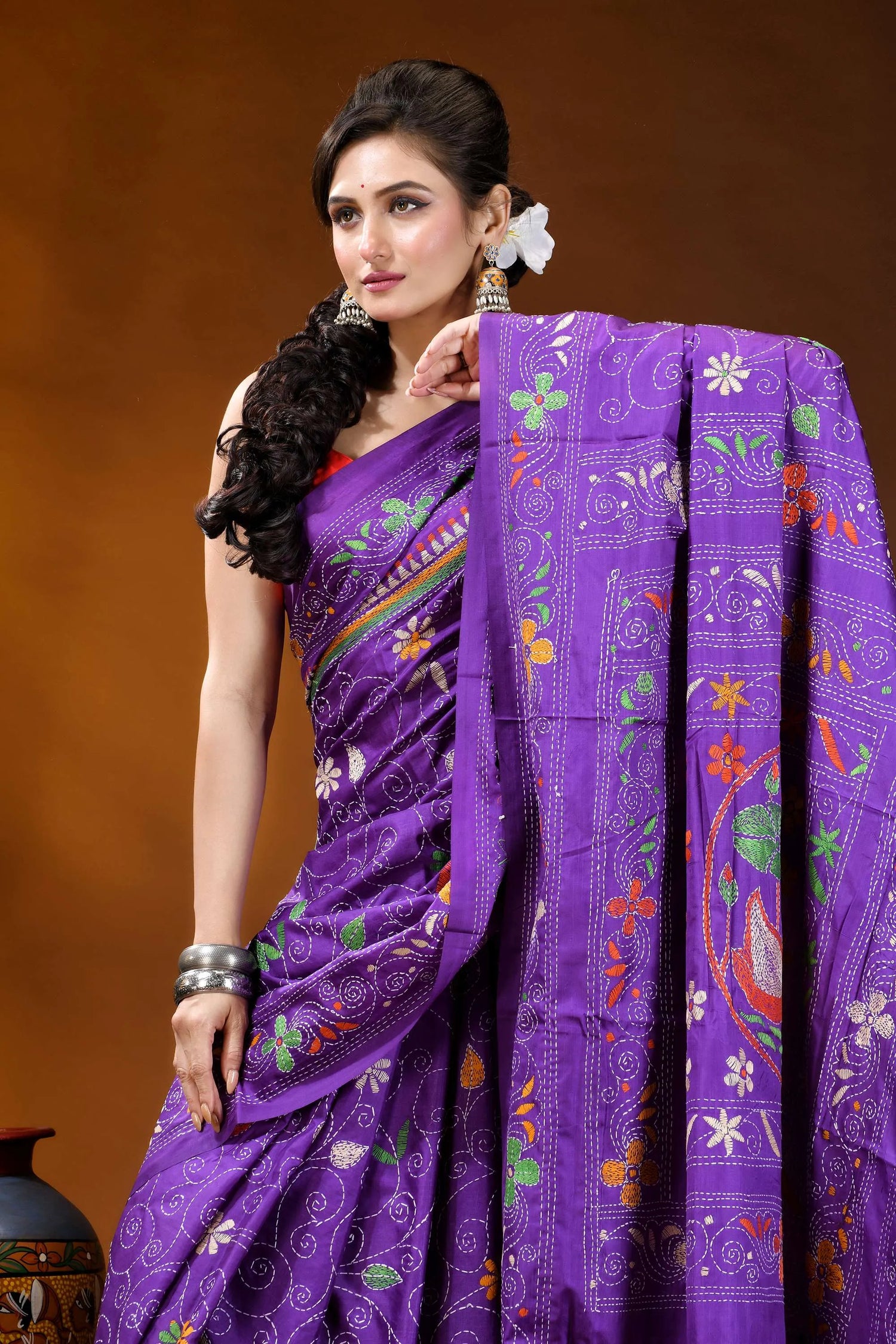 Royal purple swan motif kantha embroidery silk saree - handcrafted vibrant purple saree adorned intricate 5