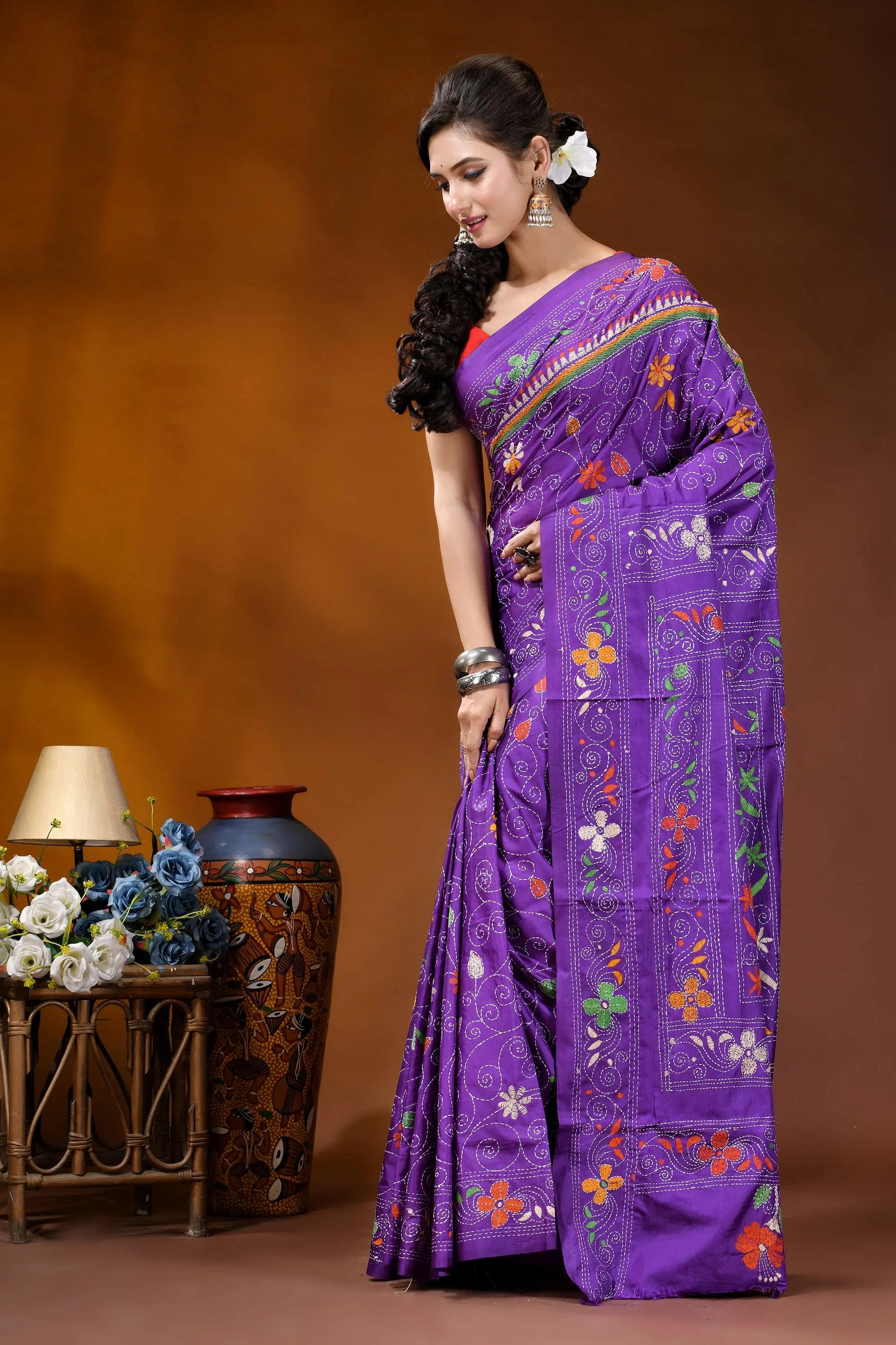 Royal purple swan motif kantha embroidery silk saree - handcrafted vibrant purple saree adorned intricate 3